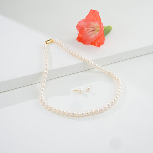 7.0-8.0mm White Near Round Freshwater Pearl Necklace Set - AA Quality