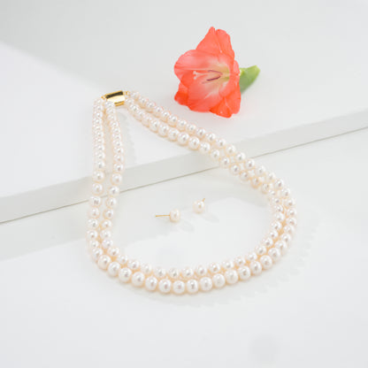 8.0-9.0mm White Near Round Freshwater Necklace Set - AA Quality