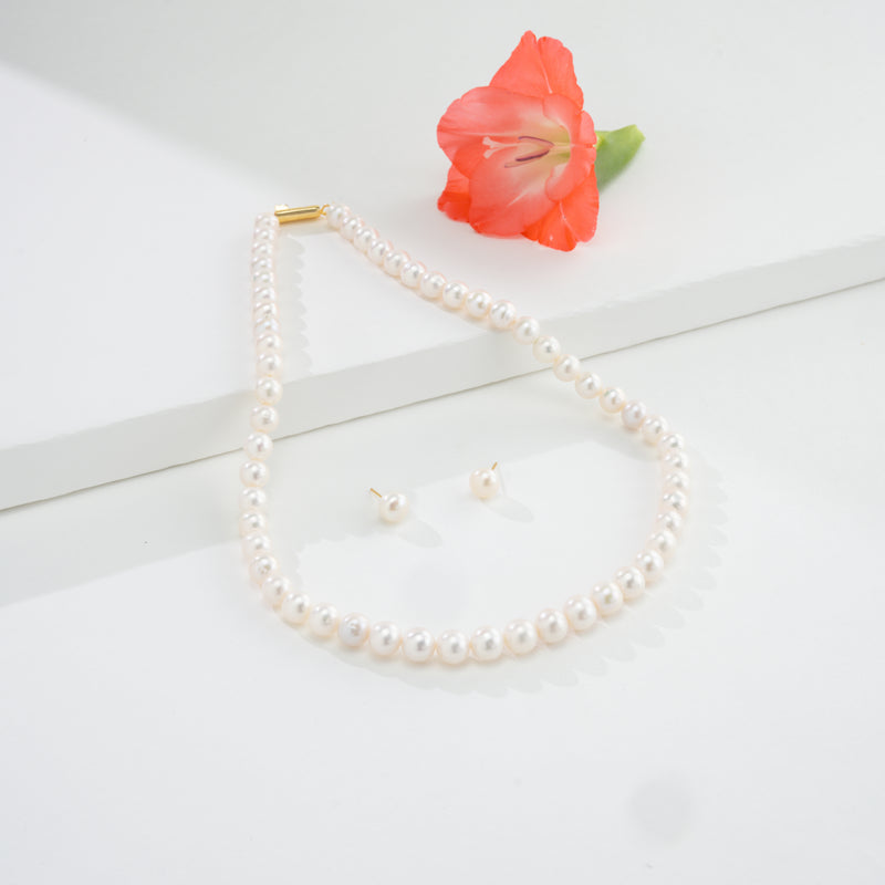8.0-9.0mm White Near Round Freshwater Pearl Necklace Set - AA Quality