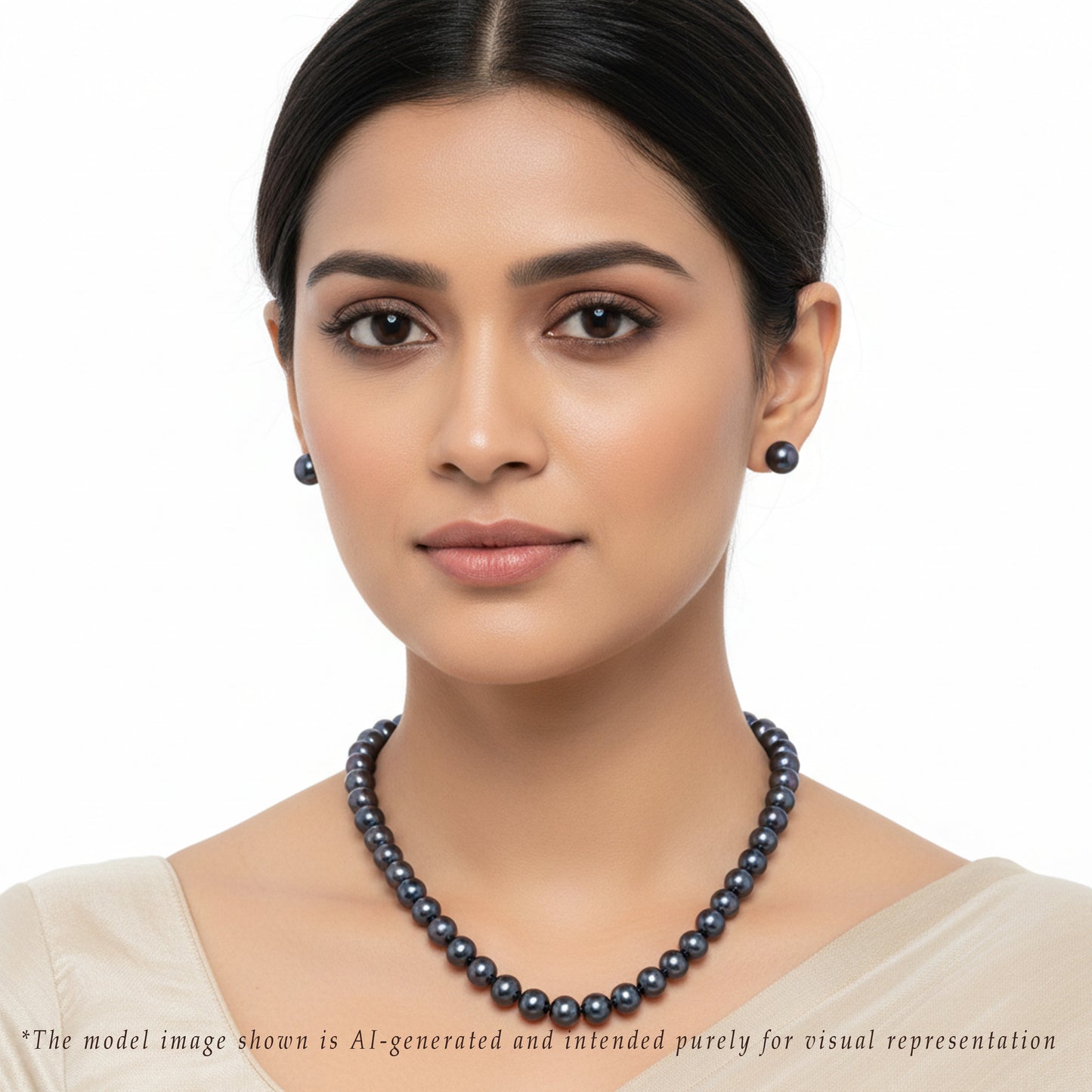 8.0-9.0mm Black Near Round Freshwater Pearl Necklace Set - AA Quality