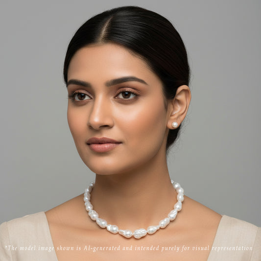 19.0-20.0mm White Baroque Freshwater Pearl Necklace Set- AA Quality