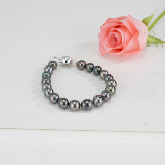9.0-10.0mm Round Black Tahitian Saltwater Ringed Pearl Bracelet - AA Quality