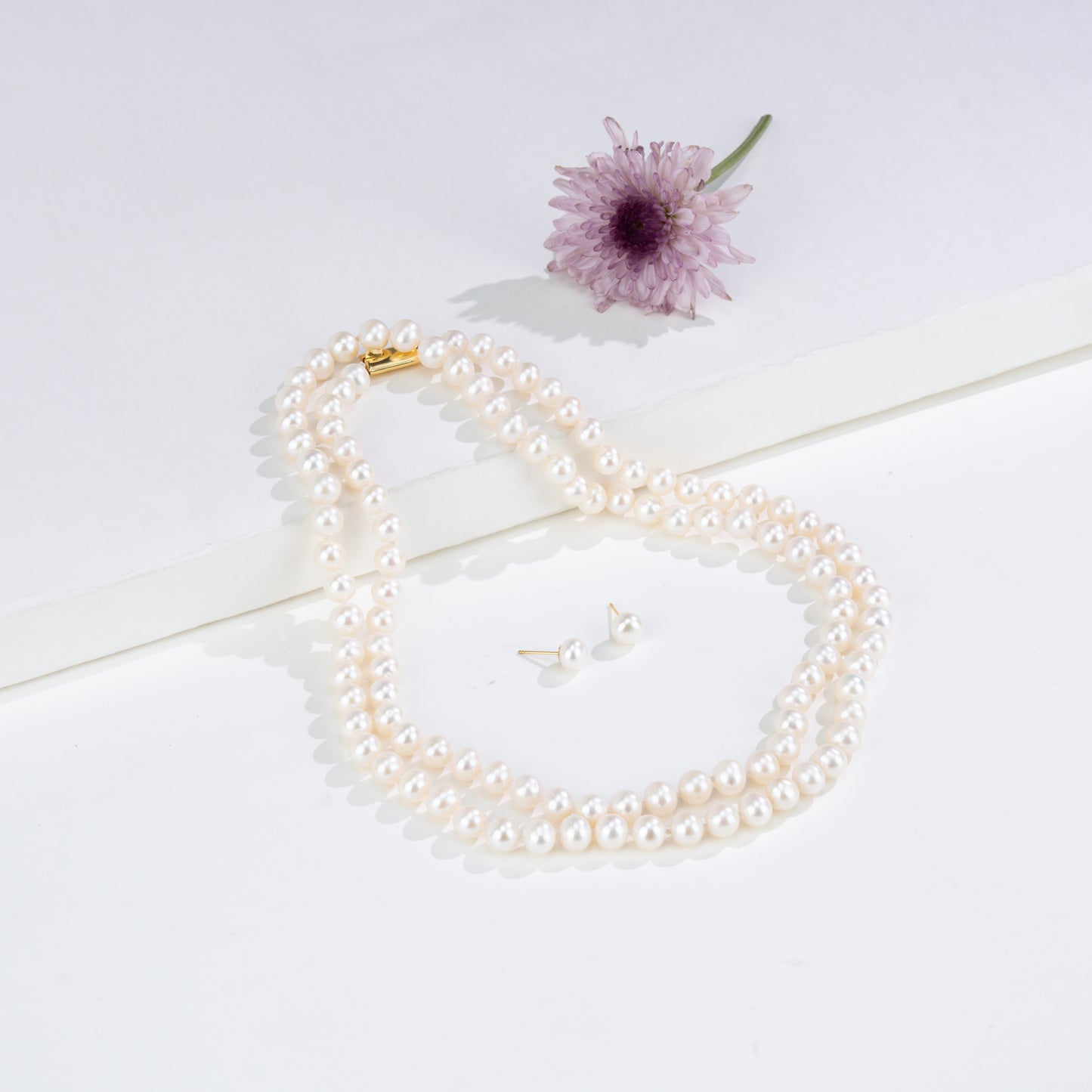 6.0-0.7mm White Near Round Opera Freshwater Pearl Necklace Set - AA Quality