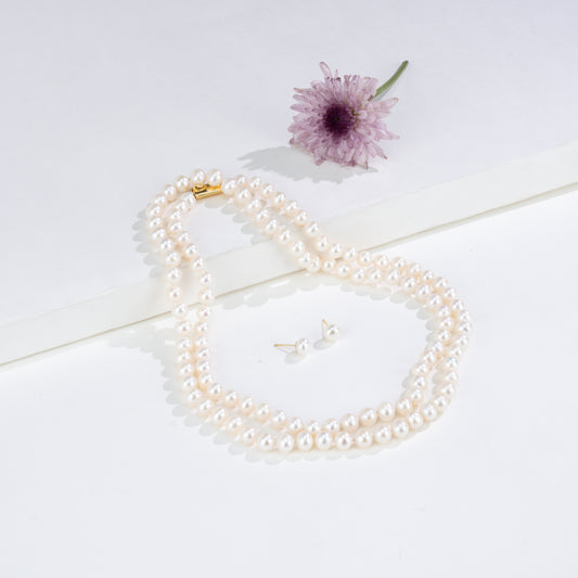 6.0-0.7mm White Near Round Opera Freshwater Pearl Necklace Set - AA Quality