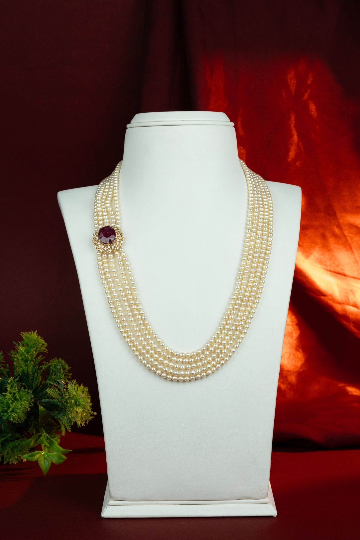 Opulent Ruby & Pearl Statement Side Piece Necklace