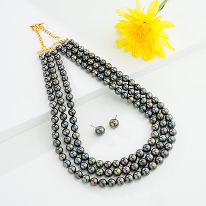 8.0-11.5mm Grading Black Round Tahitian Saltwater Pearl Necklace Set-AAA Quality