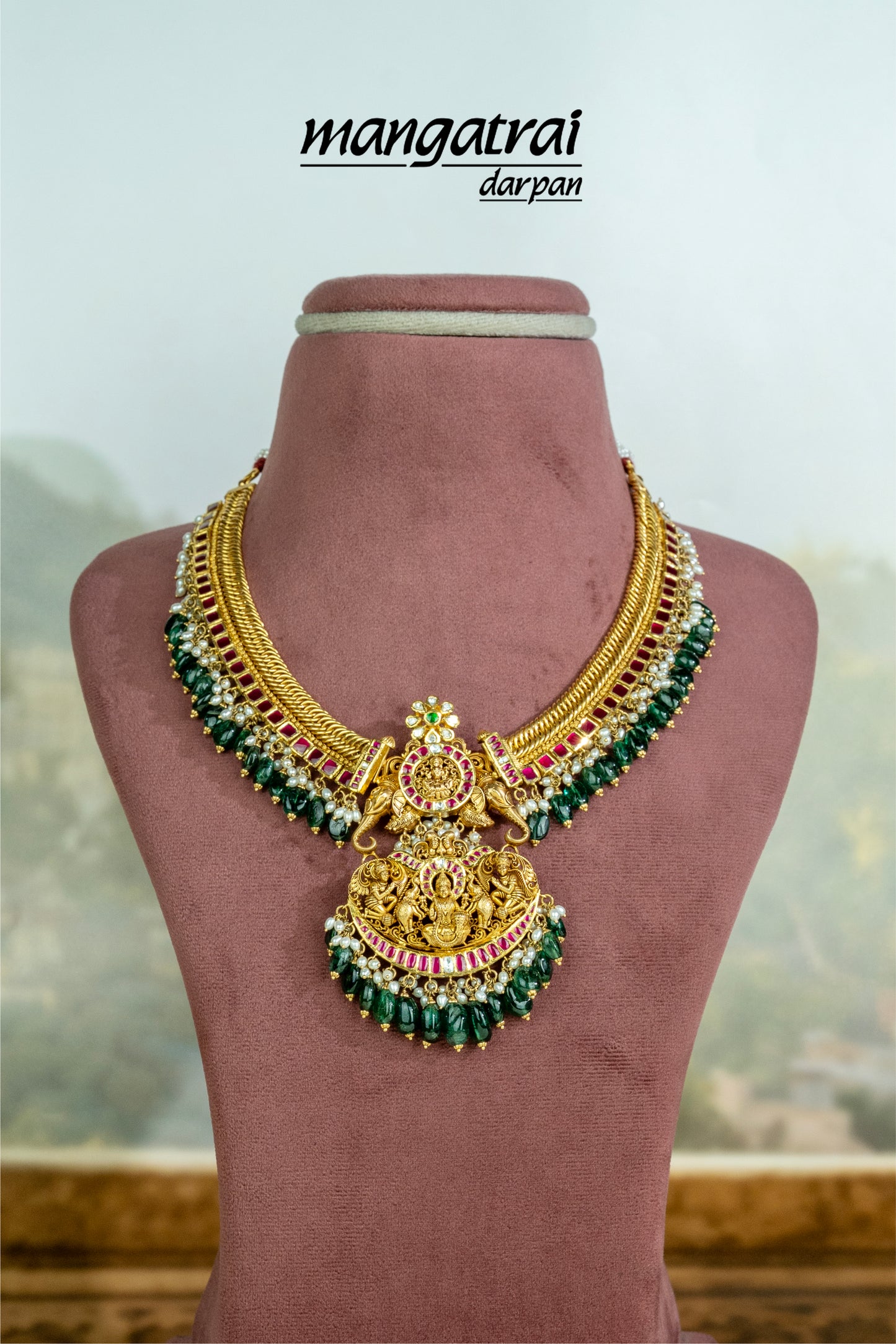 Antique Lakshmi Ruby Emerald Stone Necklace