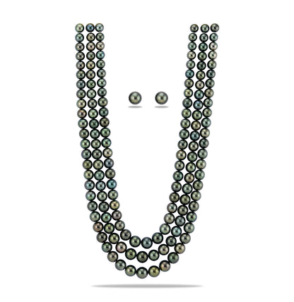 8.0-11.5mm Grading Black Round Tahitian Saltwater Pearl Necklace Set-AAA Quality