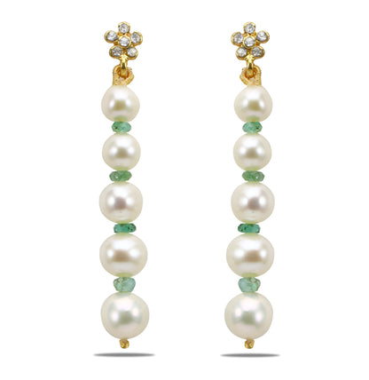Natural Emerald And Freshwater Near Round Grading Freshwater Pearl Dangling Earrings