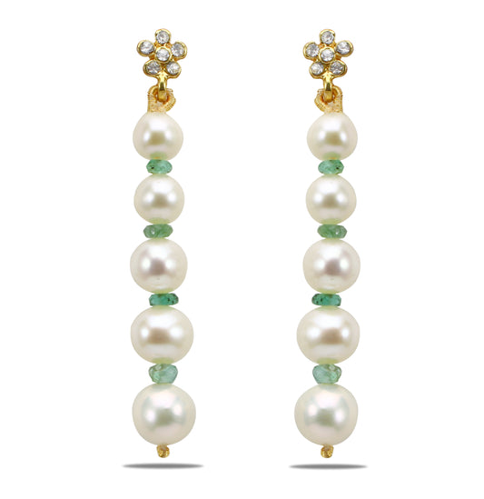 Natural Emerald And Freshwater Near Round Grading Freshwater Pearl Dangling Earrings