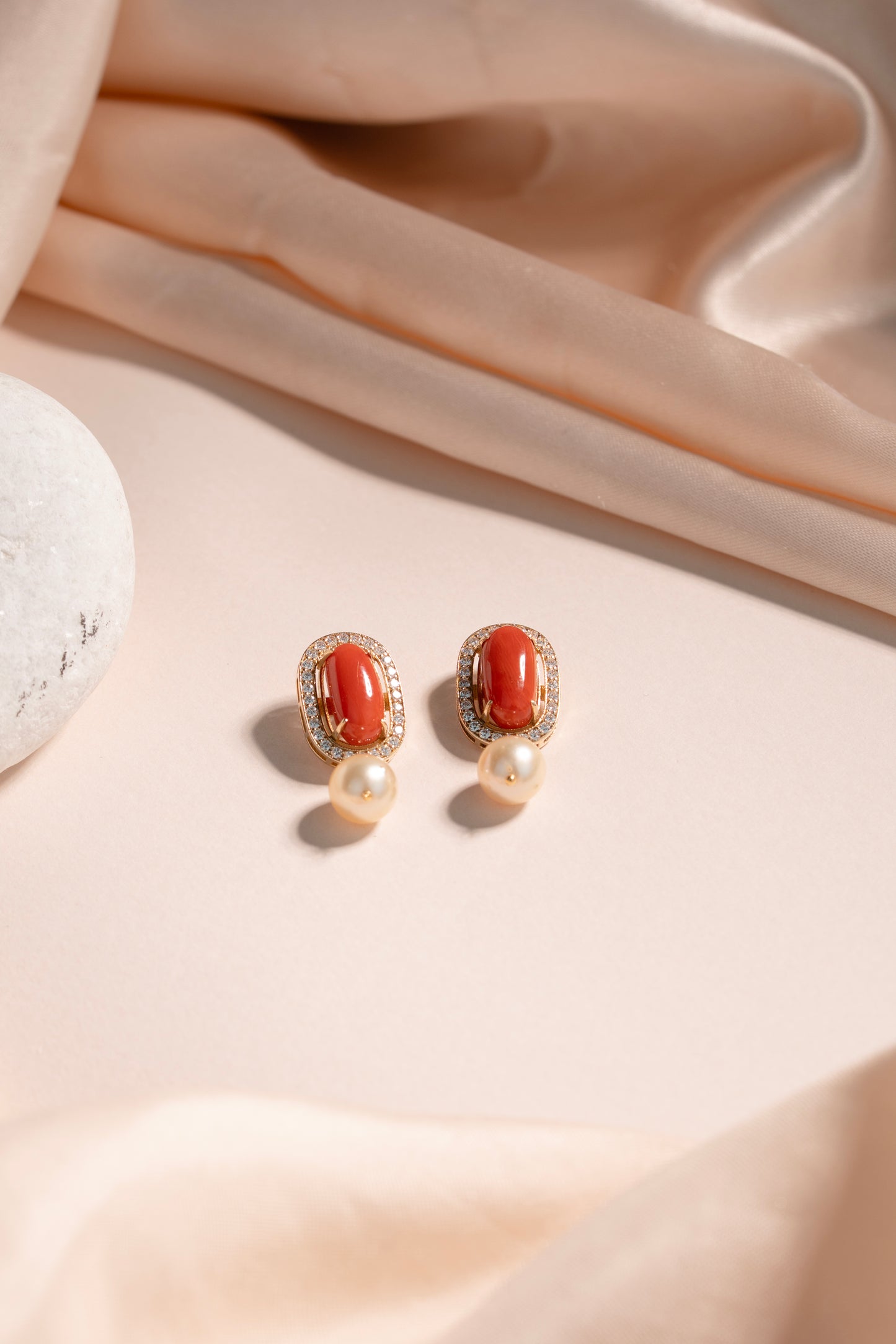 Natural Coral Stone & Freshwater Pearl Stone Earrings