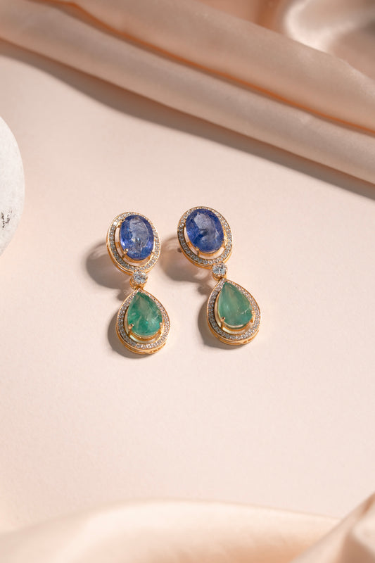 Blue Sapphire & Emerald Drop  Stone Earrings