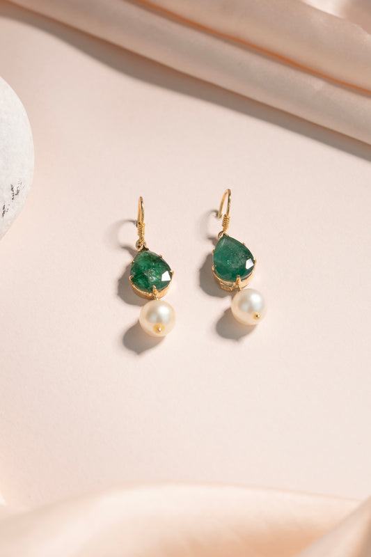 Emerald Stone & Freshwater Pearl Drop Stone Earrings