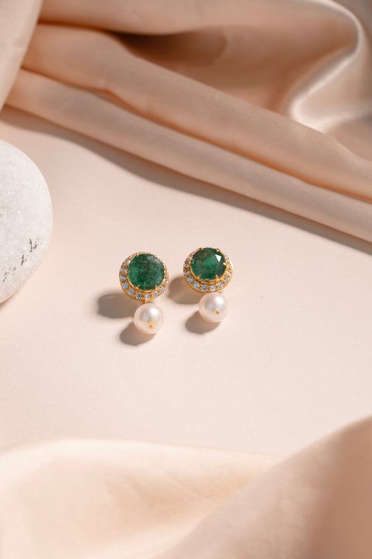Premium Emerald Stone & Freshwater Pearl Stone Earrings
