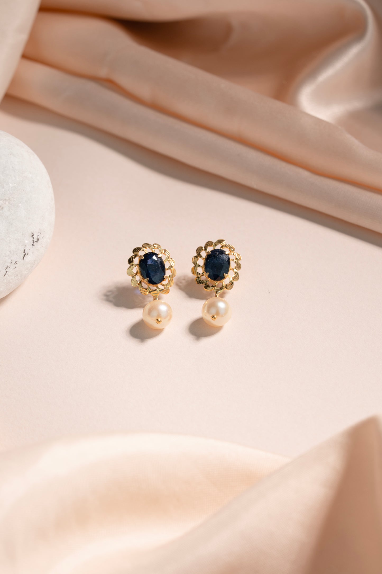 Royal Blue Sapphire Stone & Freshwater Pearl Stone Earrings