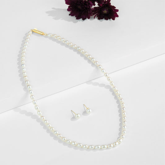 7.0-8.0mm White Drop Freshwater Pearl Necklace Set - AA Quality