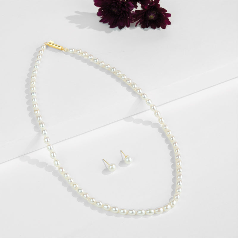 7.0-8.0mm White Drop Freshwater Pearl Necklace Set - AA Quality