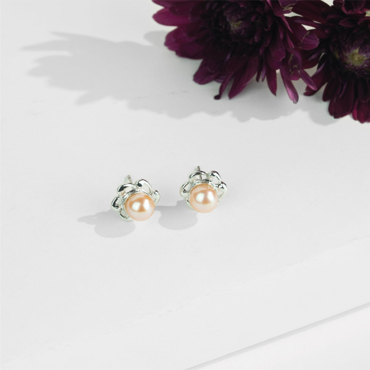Iridescent White Stone Pink Freshwater Pearl Stud Earrings