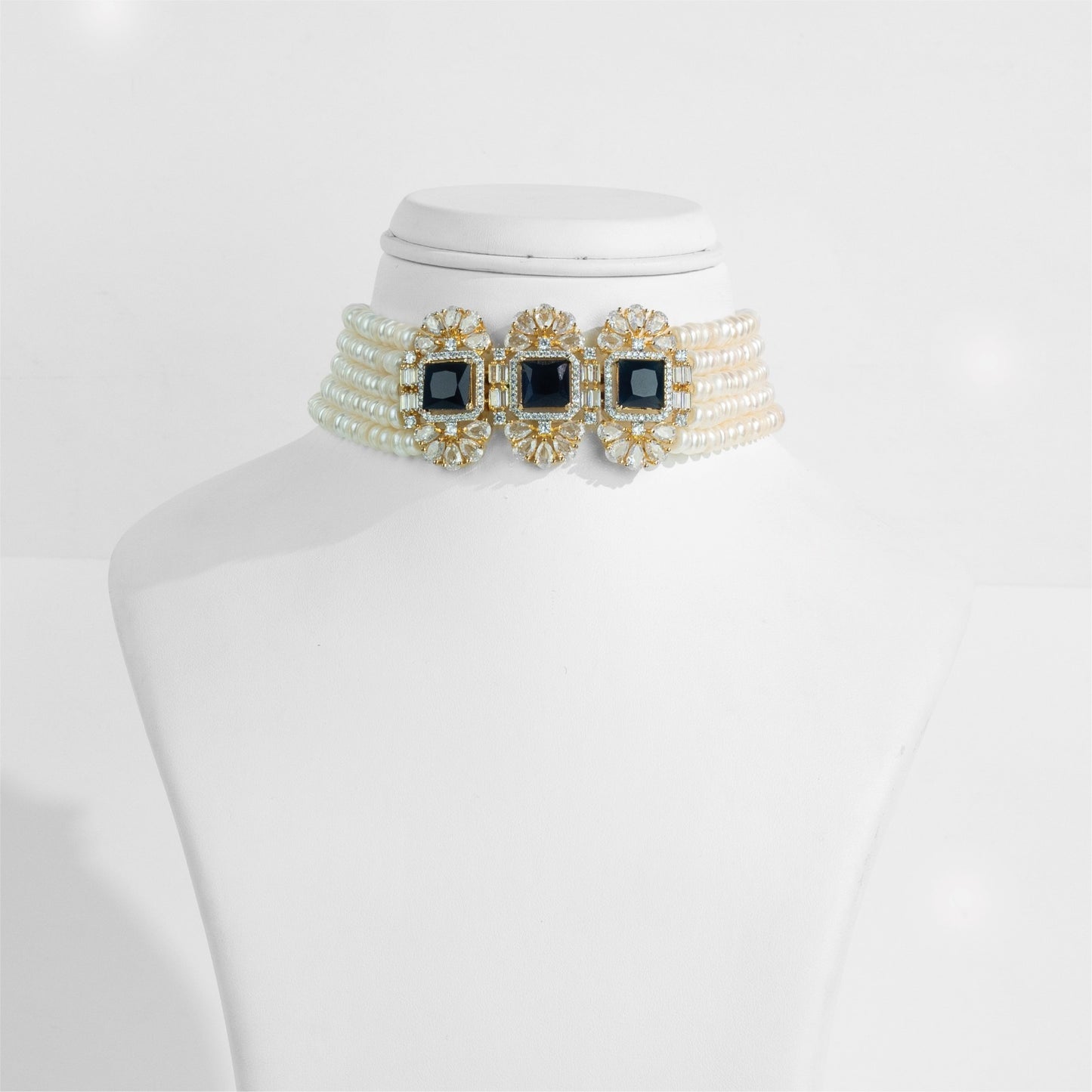 Designer Dark Blue Stone Freshwater Pearl Choker Set