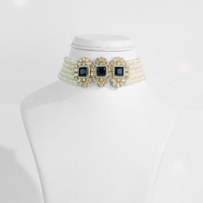 Designer Dark Blue Stone Freshwater Pearl Choker Set