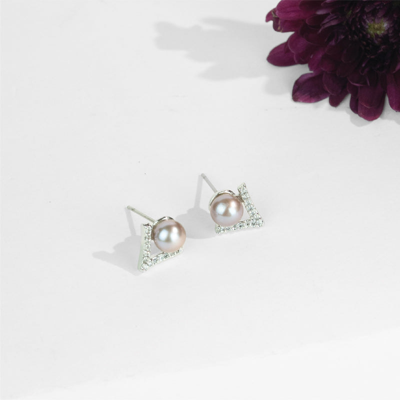 Subtle White Stone Pink Drop Freshwater Pearl Earrings