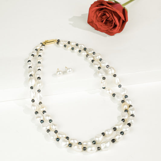 11.0-12.0mm Semi Baroque  Multicolor Freshwater Pearl Necklace Set - A Quality