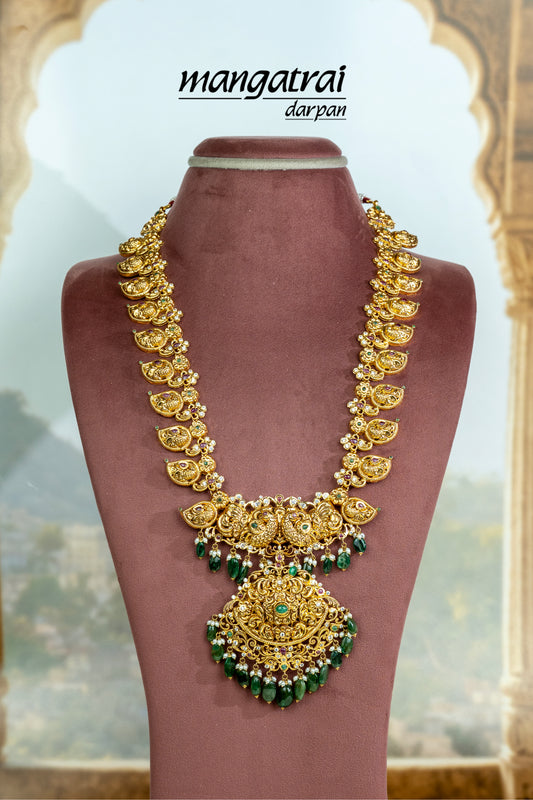 Antique Gold Peacock Long Stone Necklace