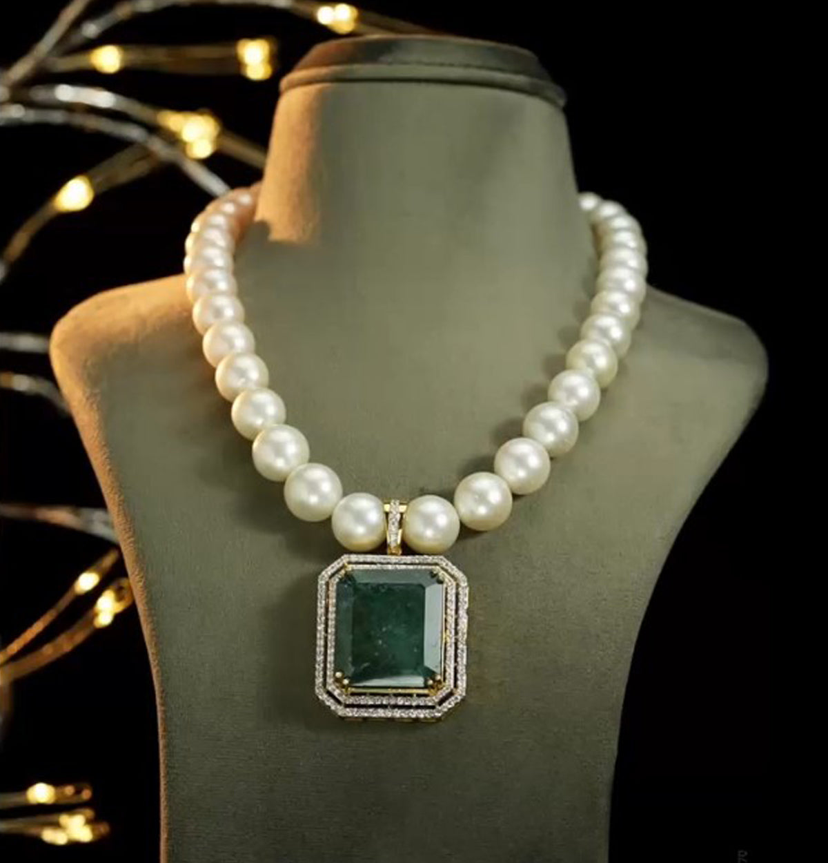 Adorable Diamond Emerald Pendent With Salt Water Pearl Necklace