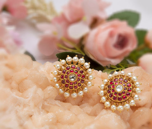 Classic Ruby And Pearls Earrings