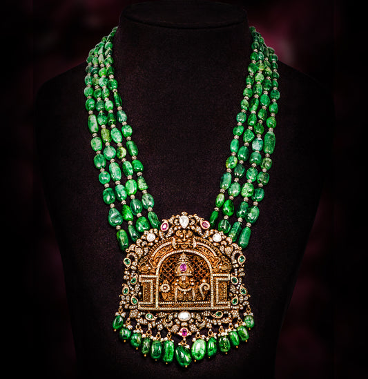 Fine Gold Nakshi Locket With Polki And Emerald Mala