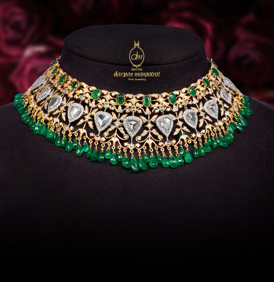 Precious Rosecut Diamonds With Emeralds Chowker Set