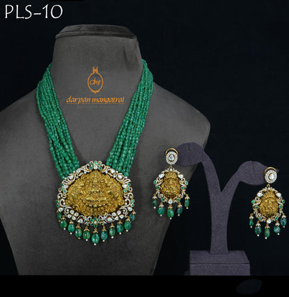 Traditional Laxmi Goddess Emerald Necklace Polki Set