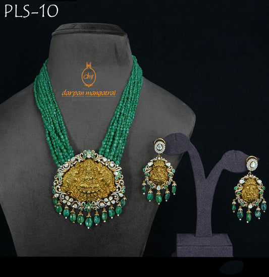 Traditional Laxmi Goddess Emerald Necklace Polki Set