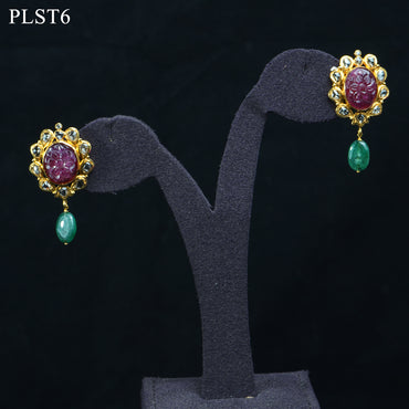 Skilfully Carved Ruby, Polki, Emerald and Pearl Gold Necklace and Earring Set