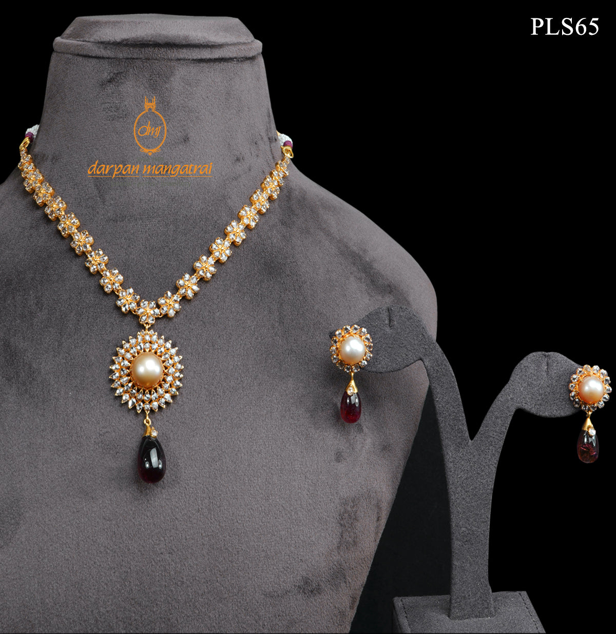 Sun Inspired Polki, Pearl and Tourmaline Gold Necklace and Earring Set