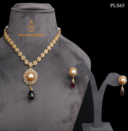 Sun Inspired Polki, Pearl and Tourmaline Gold Necklace and Earring Set