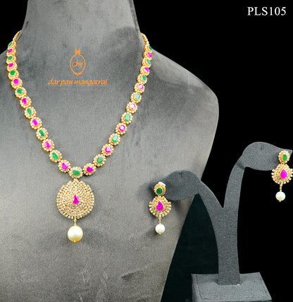 Scintillating Emerald, Ruby and Pearl Gold Polki Necklace and Earring Set