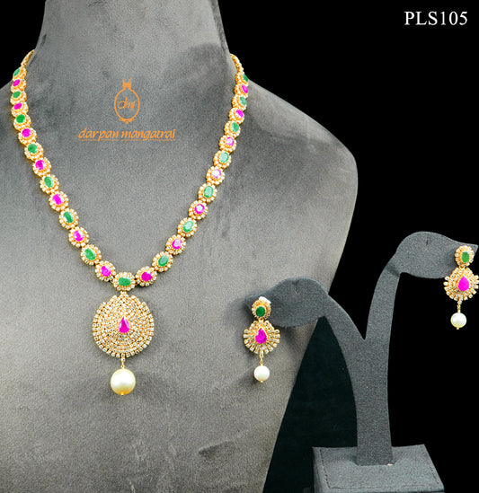 Scintillating Emerald, Ruby and Pearl Gold Polki Necklace and Earring Set