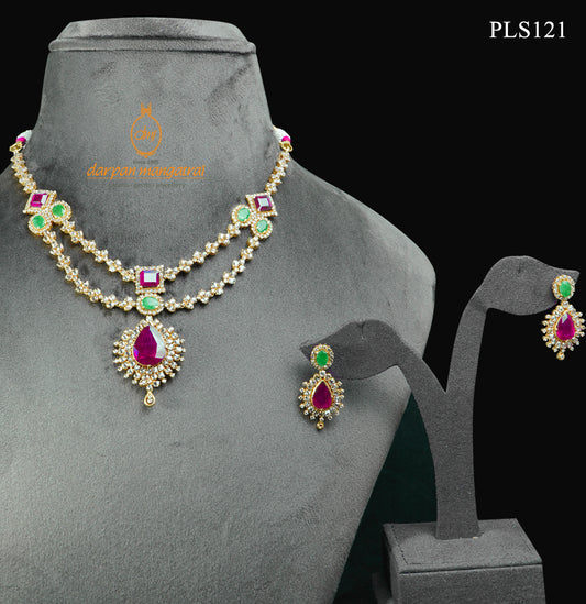 Legacy Emerald, Ruby and Pearl Gold  Polki Necklace and Earring Set