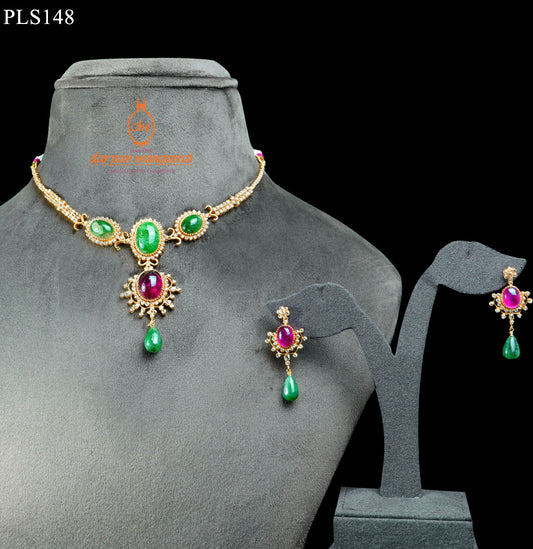 Empress Emerald, Tourmaline and Polki Gold Necklace and Earring Set