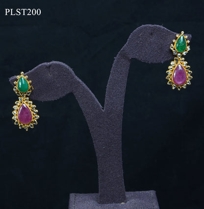 Pear Shaped Polki, Emerald, Ruby and Tourmaline Gold Necklace and Earring Set