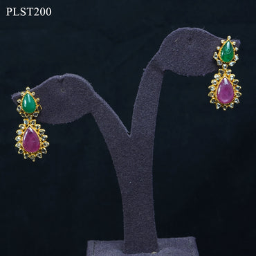 Pear Shaped Polki, Emerald, Ruby and Tourmaline Gold Necklace and Earring Set