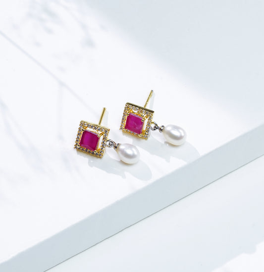 Opaque Red Stone Drop White Freshwater Pearl Stud Earrings