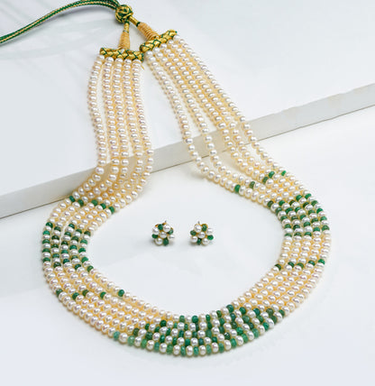 Natural Emerald And 3.0-4.0mm Freshwater Pearl Necklace Set - AAA Quality