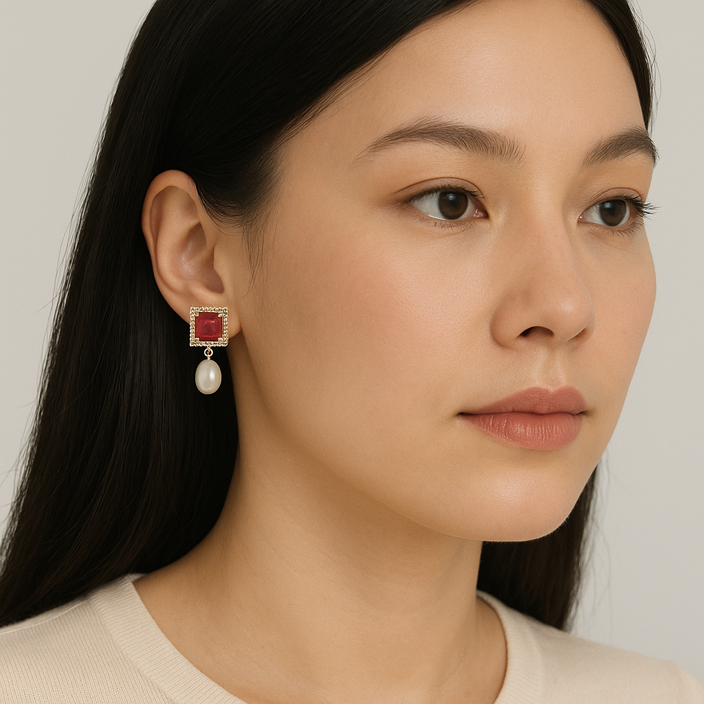 Opaque Red Stone Drop White Freshwater Pearl Stud Earrings
