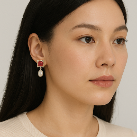 Opaque Red Stone Drop White Freshwater Pearl Stud Earrings
