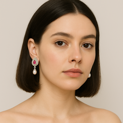 Gifted Red Stone Freshwater Pearl Stud Earrings