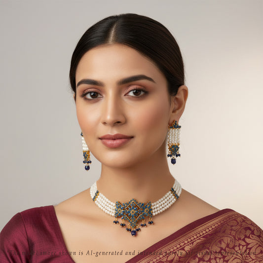 Designer Dark Blue Stone Freshwater Pearl Choker Set