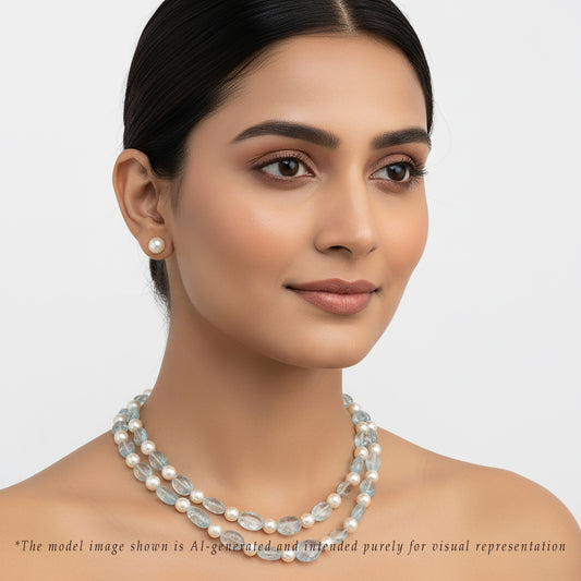 Natural Luxury Aquamarine Beads and 8.0-9.0mm Golden Akoya Saltwater Pearls Necklace Set - A Quality