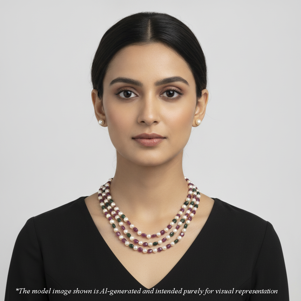 Natural Ruby & Emerald Beads and 6.0-7.0mm Golden Akoya Saltwater Pearls Necklace Set - A Quality